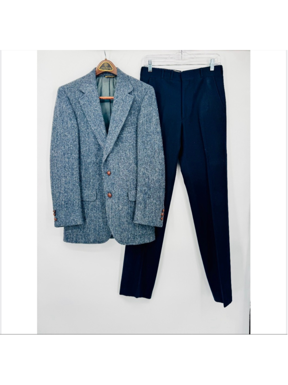 Vintage 80’s Harris Tweed Wool Blue Gray Herringbone Blazer & Suit Pants